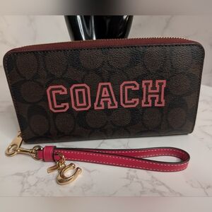 COACH Signature Zip Wallet with Pink Logo and Wristlet